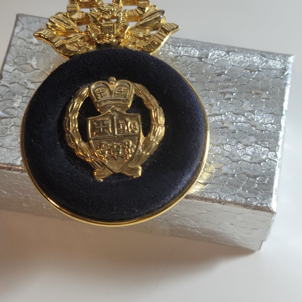 MILITARY Brooch Pin Black Suede Rimmed and Gold Plate Metal Circa 1960s